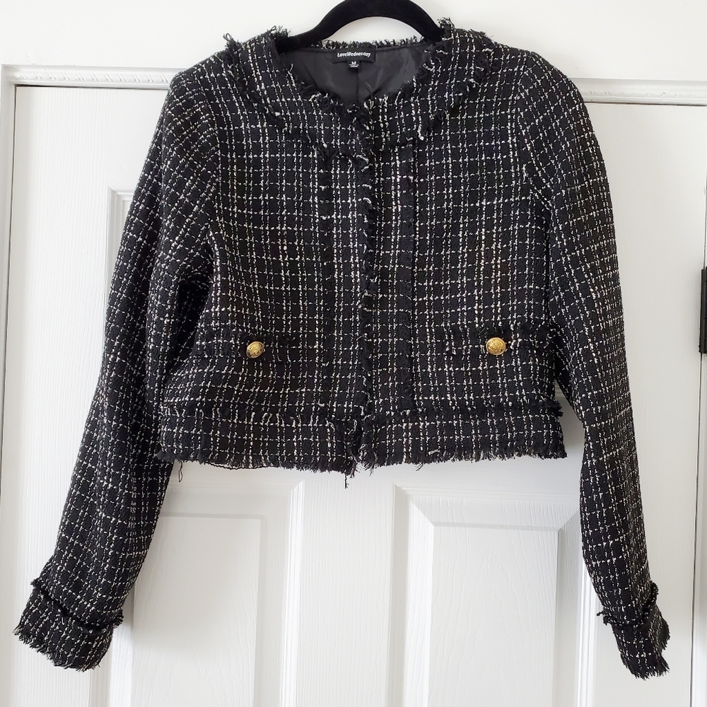 LoveWednesday Cropped Black and White Tweed Blazer